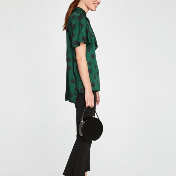 Zara Womens Blouse Size Medium Silky Polka‎ Dot Bow Necktie Green Black NEW - Picture 5 of 9